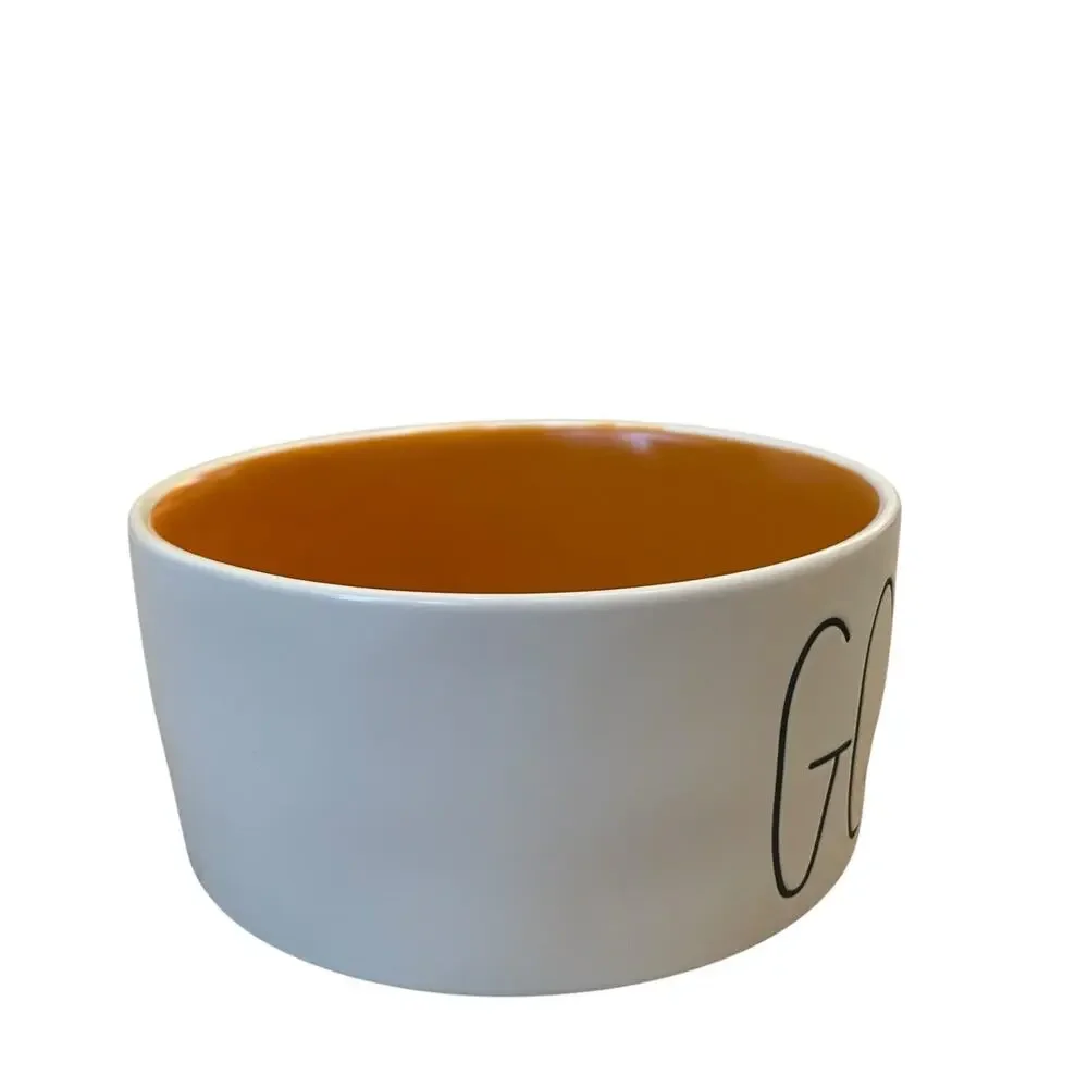 Rae Dunn Artisan Collection Dog Bowl GOBBLE Ceramic 5.5in White Orange NWOT